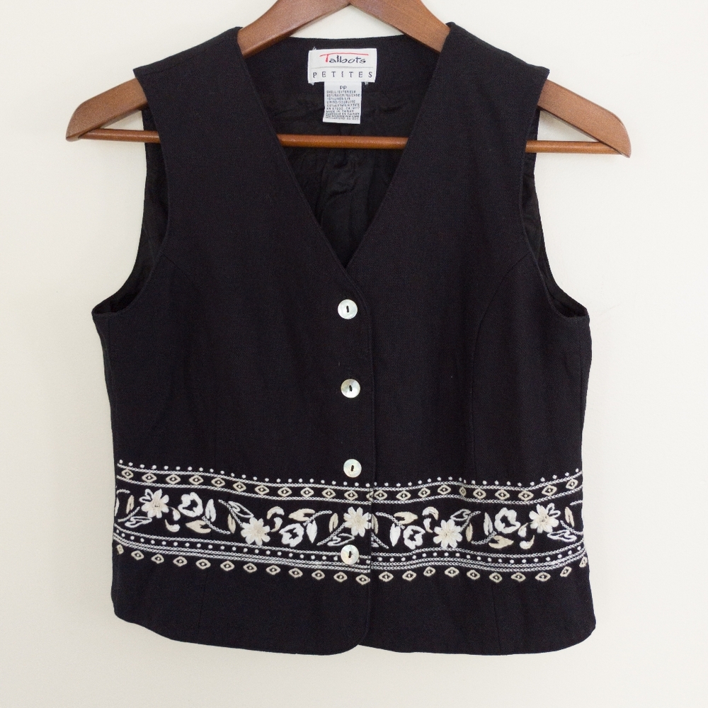 Talbots Vintage Black Embroidered Linen Blend Vest Top Petites PP